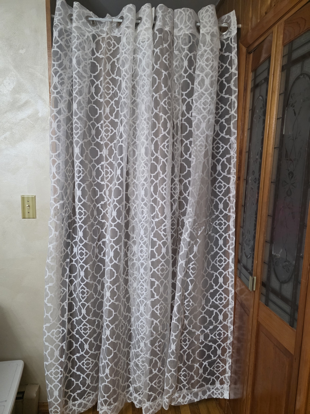 Sheer Window Panel with White Geometric Trellis on Gray
